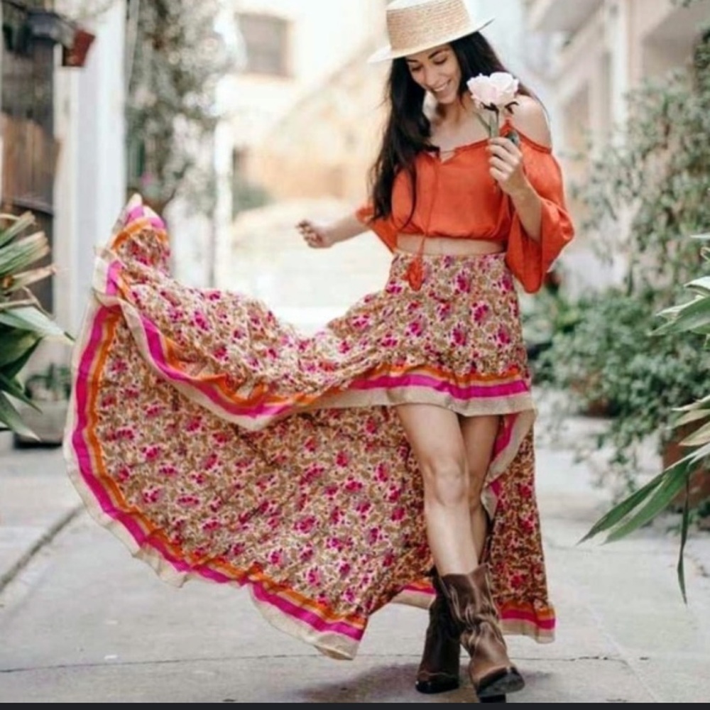Hippie Love Floral Printed Maxi Ruffle Skirt pink blue green tones open front L